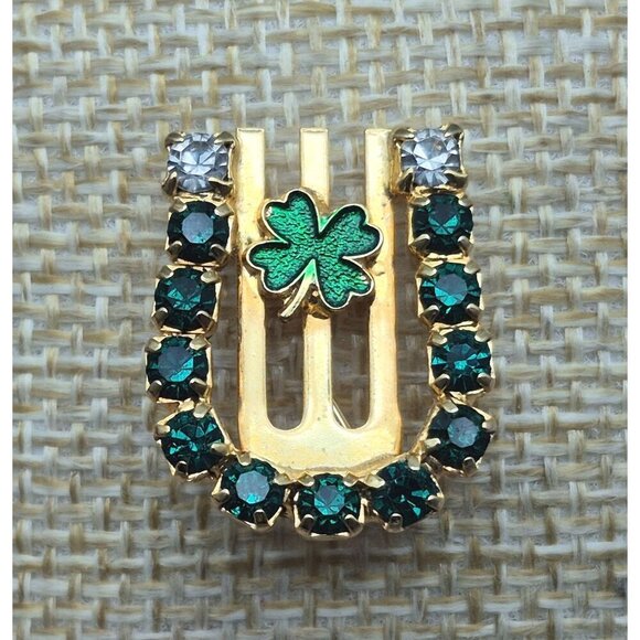 Gold Tone Lucky Tiny Horseshoe Clover Brooch Lapel Pin Green Rhinestones Enamel - Picture 6 of 7